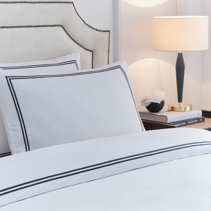 Plain Black Bedding - Elara Embroidered 100% Cotton Duvet Cover Set Black Paoletti