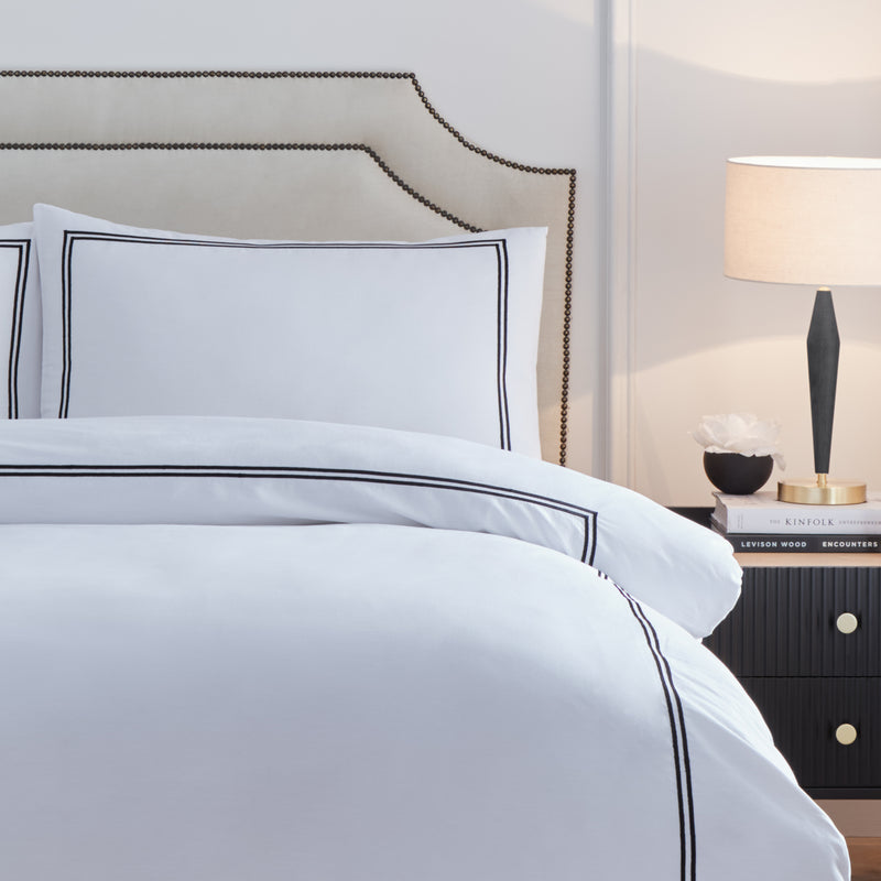 Plain Black Bedding - Elara Embroidered 100% Cotton Duvet Cover Set Black Paoletti