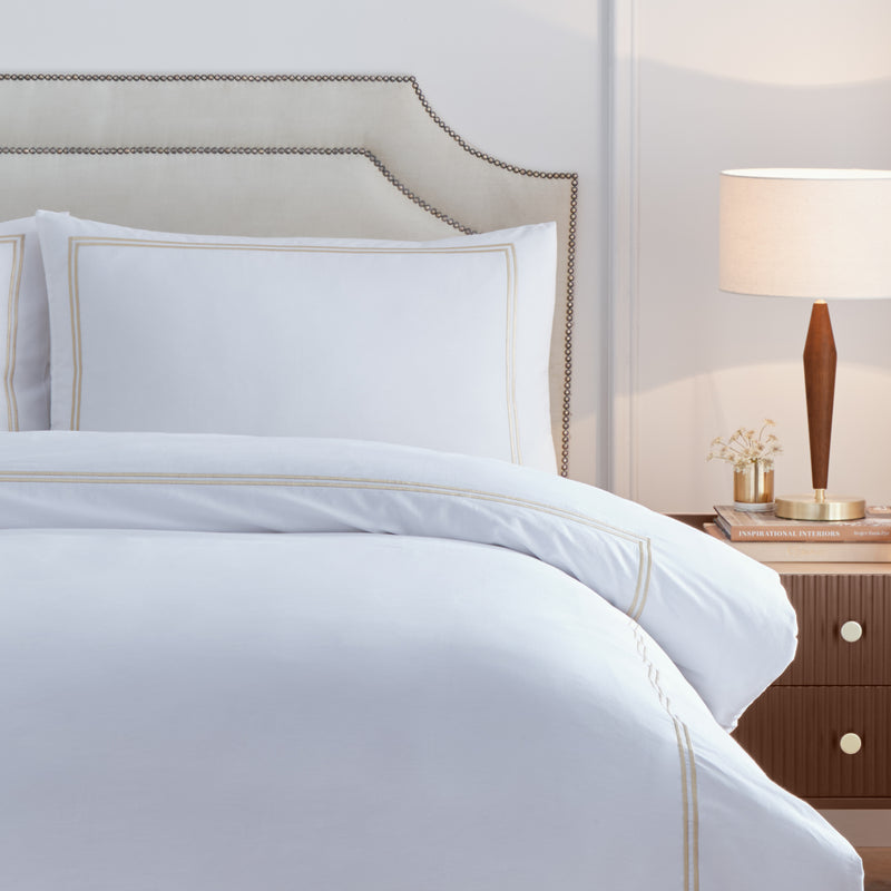 Plain Cream Bedding - Elara Embroidered 100% Cotton Duvet Cover Set Champagne Paoletti
