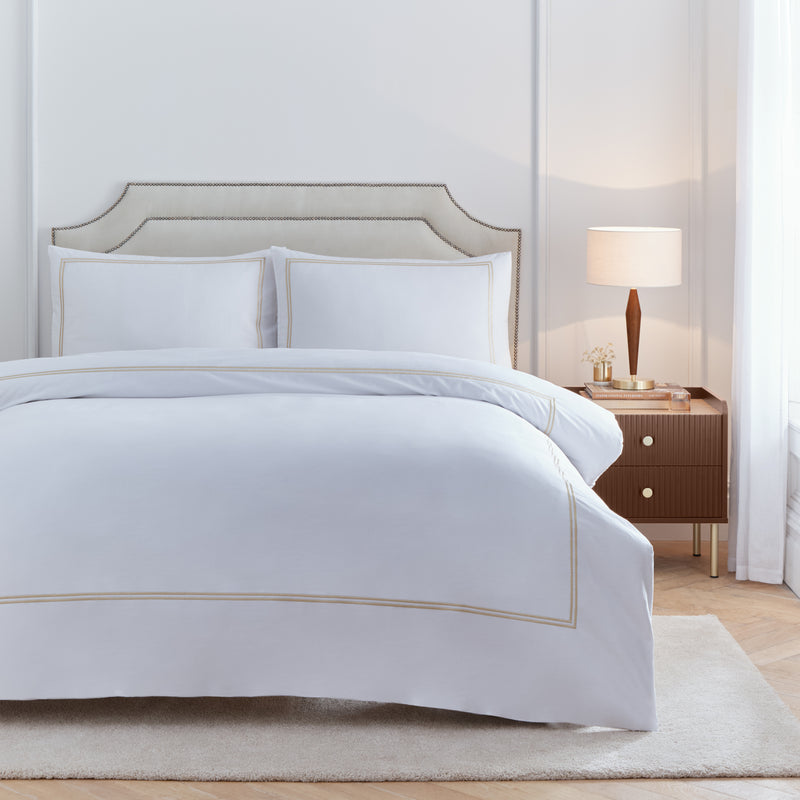 Plain Cream Bedding - Elara Embroidered 100% Cotton Duvet Cover Set Champagne Paoletti