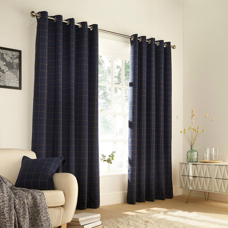 furn. Ellis Windowpane Check Eyelet Curtains in Navy