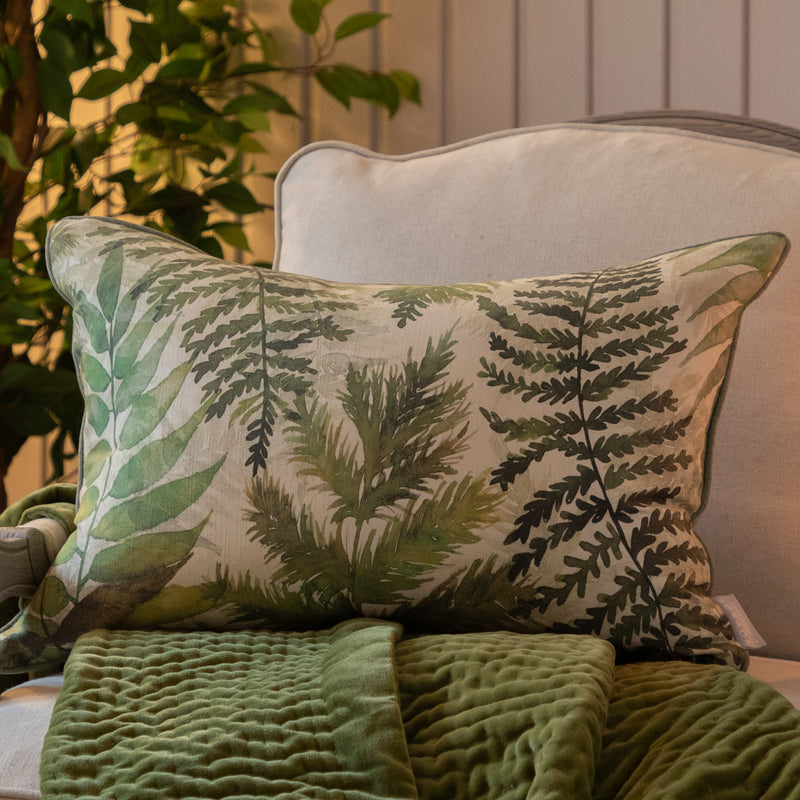 Floral Green Cushions - Elowen Printed Piped Feather Filled Cushion Linen Voyage Maison