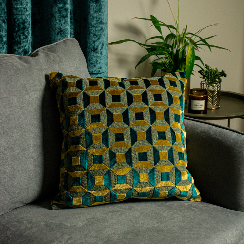 Paoletti Empire Velvet Jacquard Cushion Cover in Teal/Gold