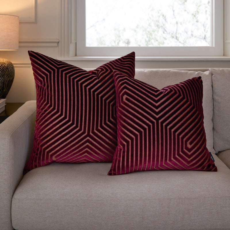 Geometric Red Cushions  - Evoke Cut Velvet Cushion Cover Burgundy Paoletti