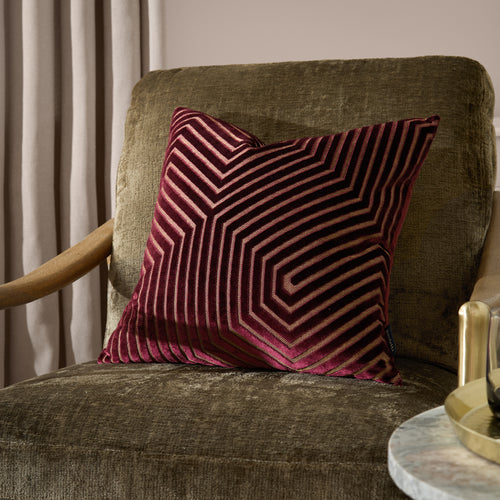 Geometric Red Cushions  - Evoke Cut Velvet Cushion Cover Burgundy Paoletti