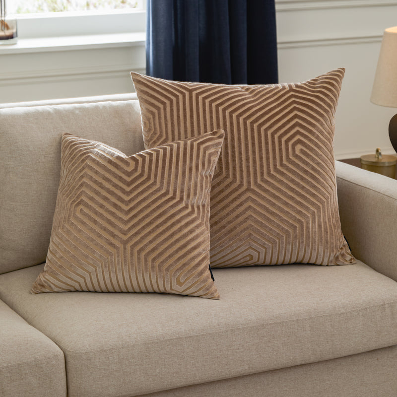 Geometric Beige Cushions  - Evoke Cut Velvet Cushion Cover Mink Paoletti