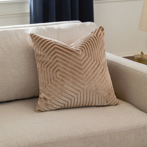 Geometric Beige Cushions  - Evoke Cut Velvet Cushion Cover Mink Paoletti