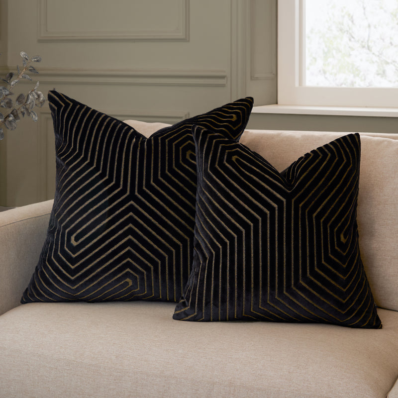 Geometric Black Cushions  - Evoke Cut Velvet Cushion Cover Black Paoletti