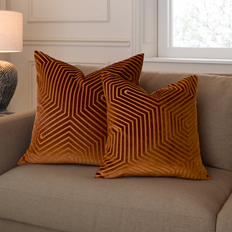 Geometric Orange Cushions  - Evoke Cut Velvet Cushion Cover Brick Paoletti