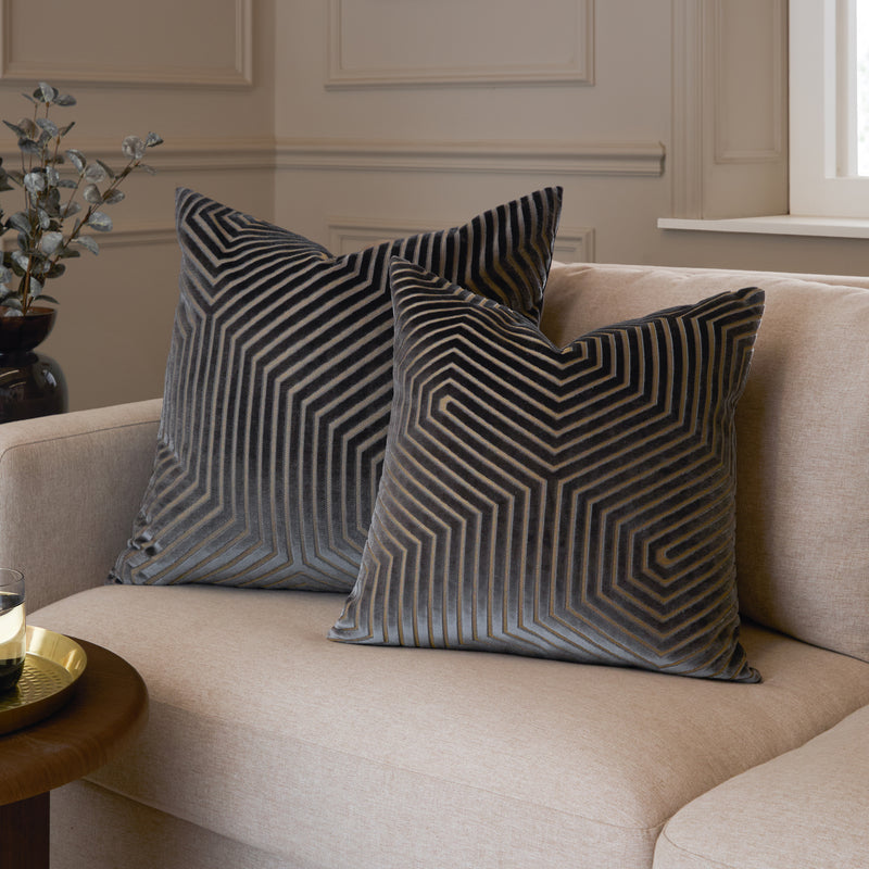 Geometric Grey Cushions  - Evoke Cut Velvet Cushion Cover Charcoal Paoletti