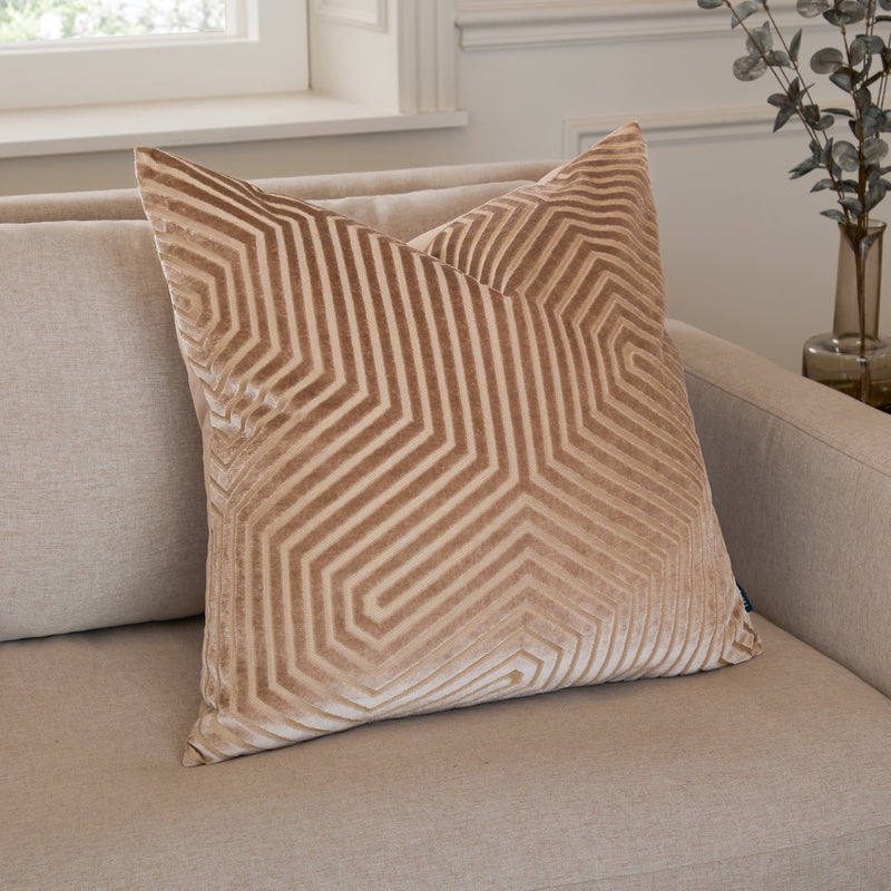 Geometric Beige Cushions  - Evoke Cut Velvet Cushion Cover Mink Paoletti