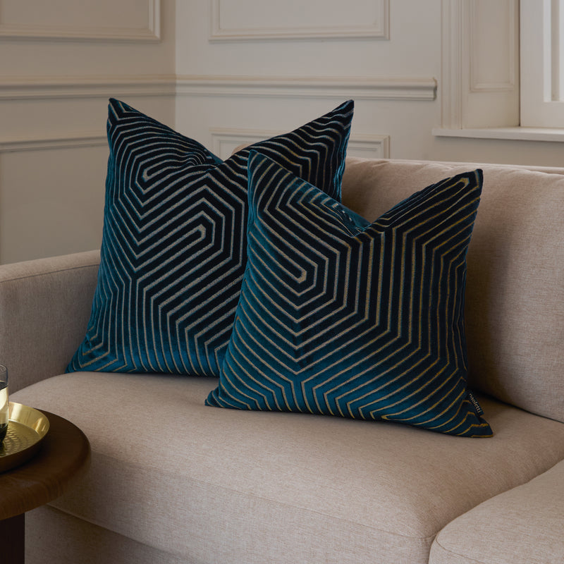 Geometric Blue Cushions  - Evoke Cut Velvet Cushion Cover Navy Paoletti