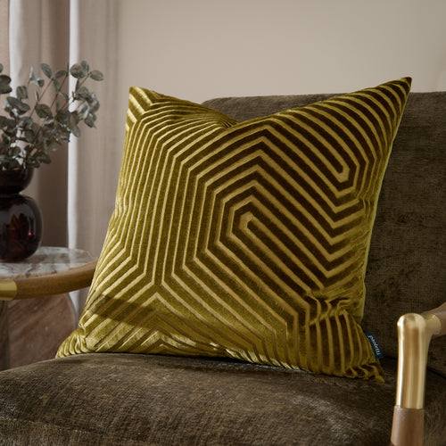 Geometric Green Cushions  - Evoke Cut Velvet Cushion Cover Olive Paoletti