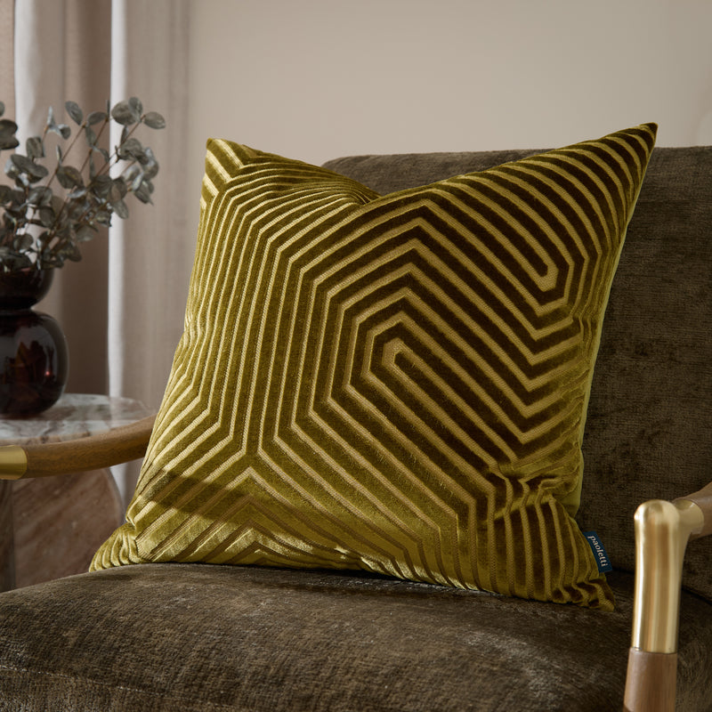 Geometric Green Cushions  - Evoke Cut Velvet Cushion Cover Olive Paoletti