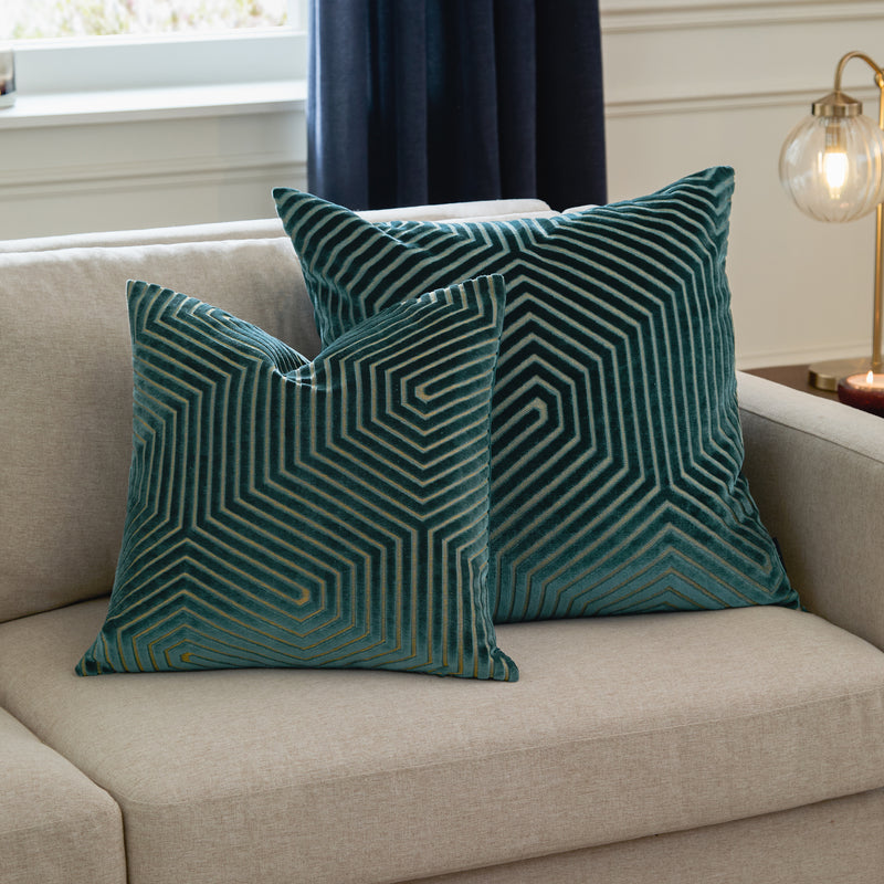 Geometric Blue Cushions  - Evoke Cut Velvet Cushion Cover Teal Paoletti