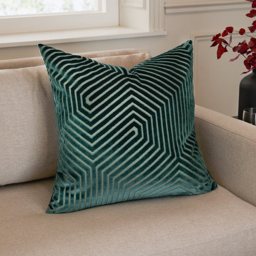 Geometric Blue Cushions  - Evoke Cut Velvet Cushion Cover Teal Paoletti