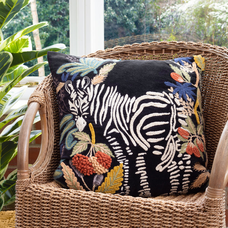 Wylder Exotic Zebra Embroidered Cushion Cover in Midnight