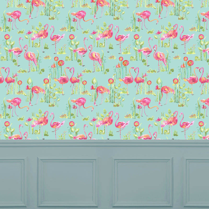 Voyage Maison Feathery Flamingo 1.4m Wide Width Wallpaper in Aqua