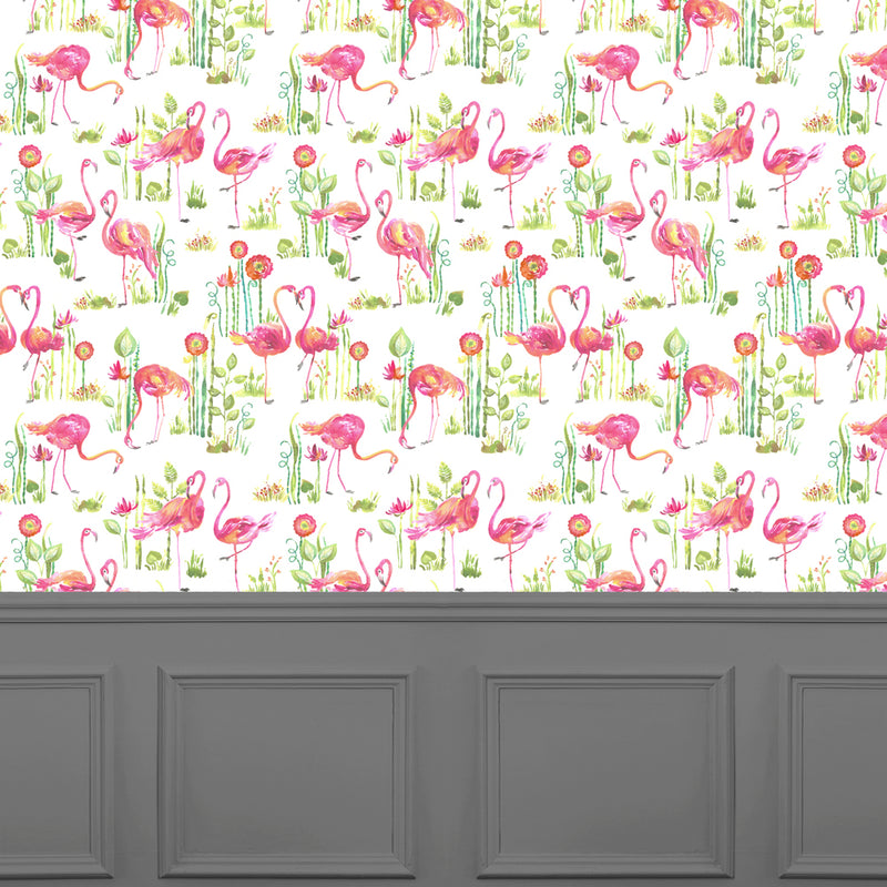 Voyage Maison Feathery Flamingo 1.4m Wide Width Wallpaper in White