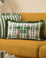 Floral Green Cushions - Feeoni Home Sweet Home Embroidered Cotton Cushion Cover Willow Green furn. 