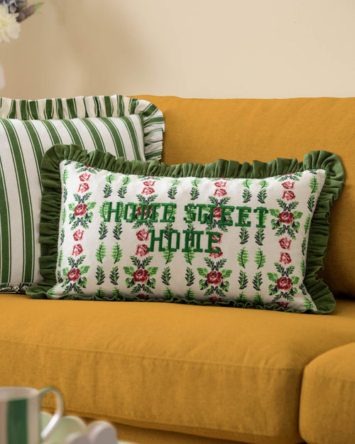 Floral Green Cushions - Feeoni Home Sweet Home Embroidered Cotton Cushion Cover Willow Green furn. 