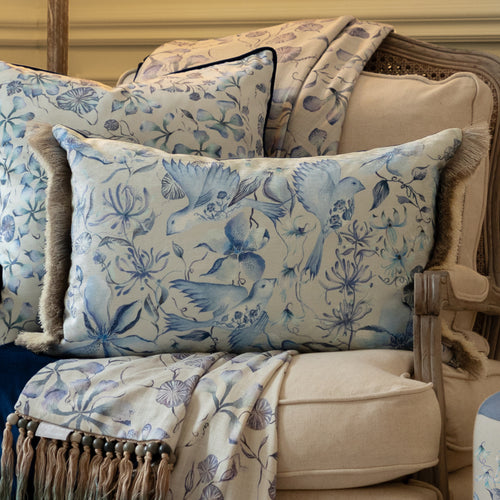 Damask Blue Cushions - Floella Printed Ruche Fringe Feather Filled Cushion Delft Blue Voyage Maison