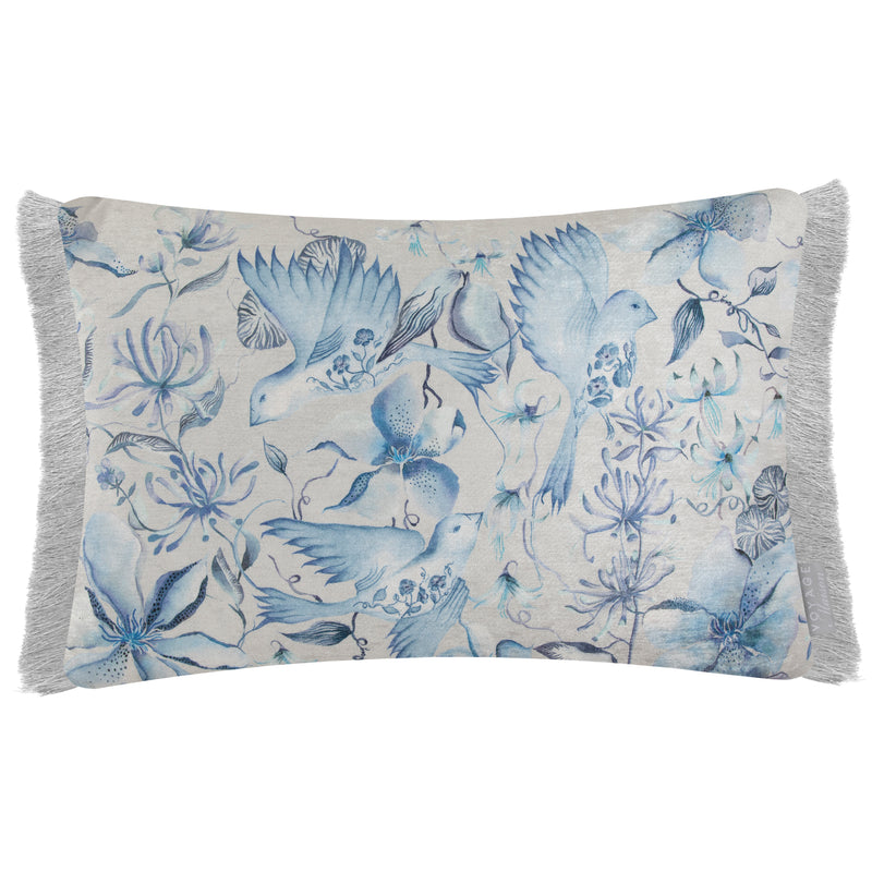 Damask Blue Cushions - Floella Printed Ruche Fringe Feather Filled Cushion Delft Blue Voyage Maison