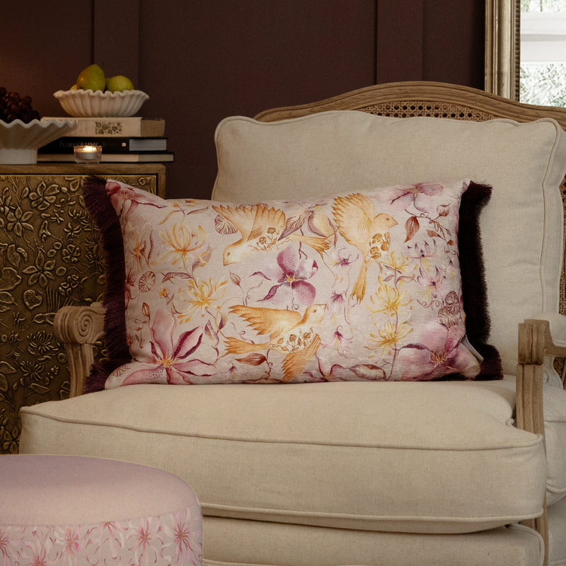 Damask Pink Cushions - Floella Printed Ruche Fringe Feather Filled Cushion Primrose Voyage Maison