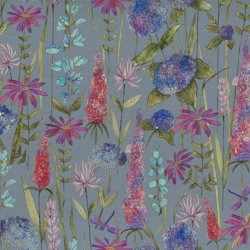 Florabunda Linen Printed Fabric Sample Swatch Bluebell