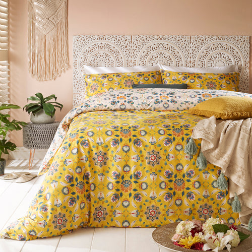 Floral Yellow Bedding - Folk Flora  Floral Duvet Cover Set Ochre Furn