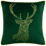 Animal Green Cushions - Forest Fauna Stag Velvet Piped Cushion Cover Emerald/Gold furn.