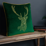 Animal Green Cushions - Forest Fauna Stag Velvet Piped Cushion Cover Emerald/Gold furn.