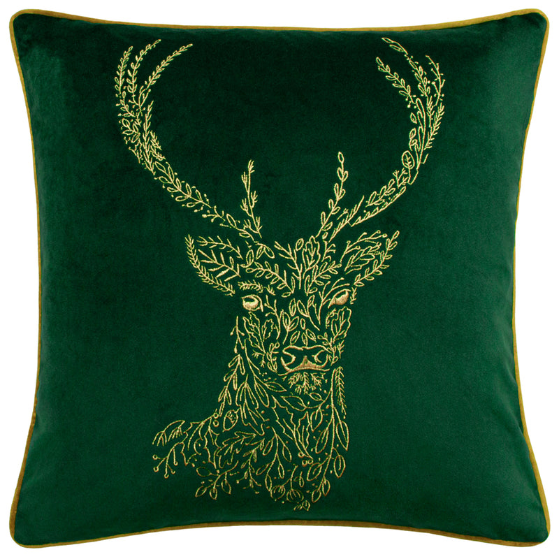 Animal Green Cushions - Forest Fauna Stag Velvet Piped Cushion Cover Emerald/Gold furn.