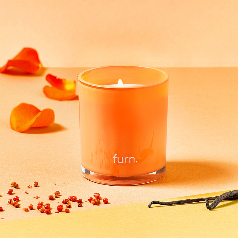 furn. Kindred Bergamot, Berry, Vanilla + Patchouli Scented Glass Candle in Apricot