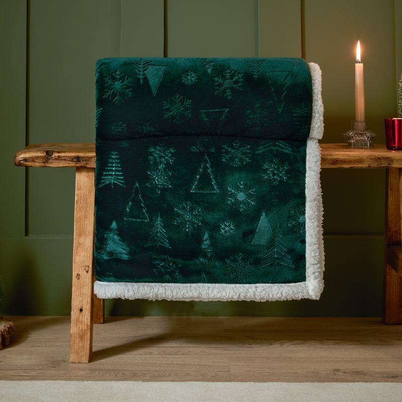 Woodland Green Throws  - Festive Time Sherpa Fleece Embossed Throw Emerald Furn