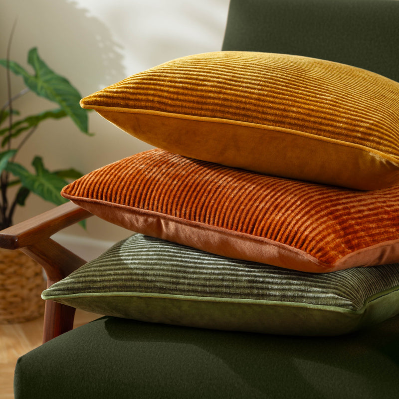 Striped Green Cushions - Garda Corduroy Piped Cushion Cover Leaf Green furn.