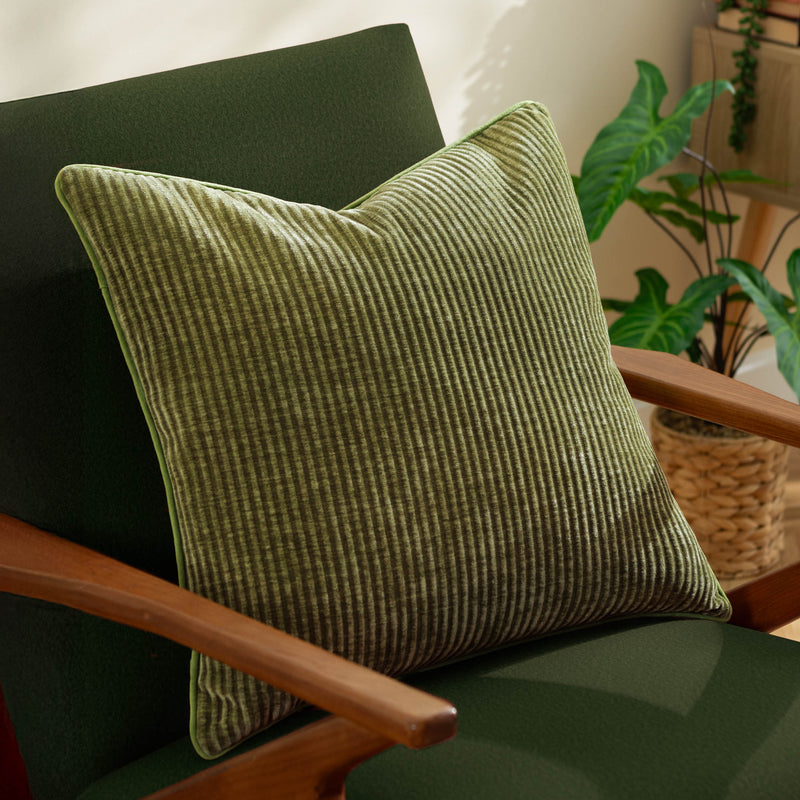 Striped Green Cushions - Garda Corduroy Piped Cushion Cover Leaf Green furn.