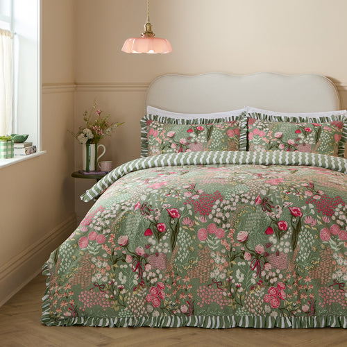 Floral Green Bedding - Gardenia Reversible Ruffle Duvet Cover Set Pink Forest Furn