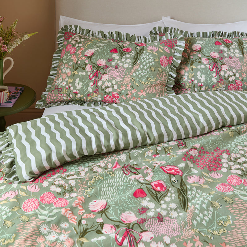 Floral Green Bedding - Gardenia Reversible Ruffle Duvet Cover Set Pink Forest Furn