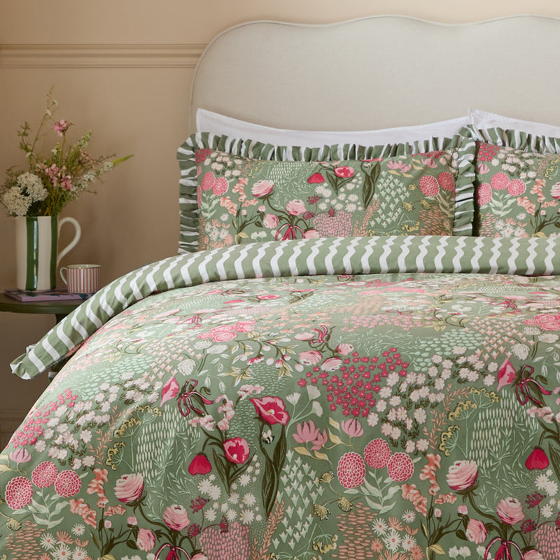 Floral Green Bedding - Gardenia Reversible Ruffle Duvet Cover Set Pink Forest Furn