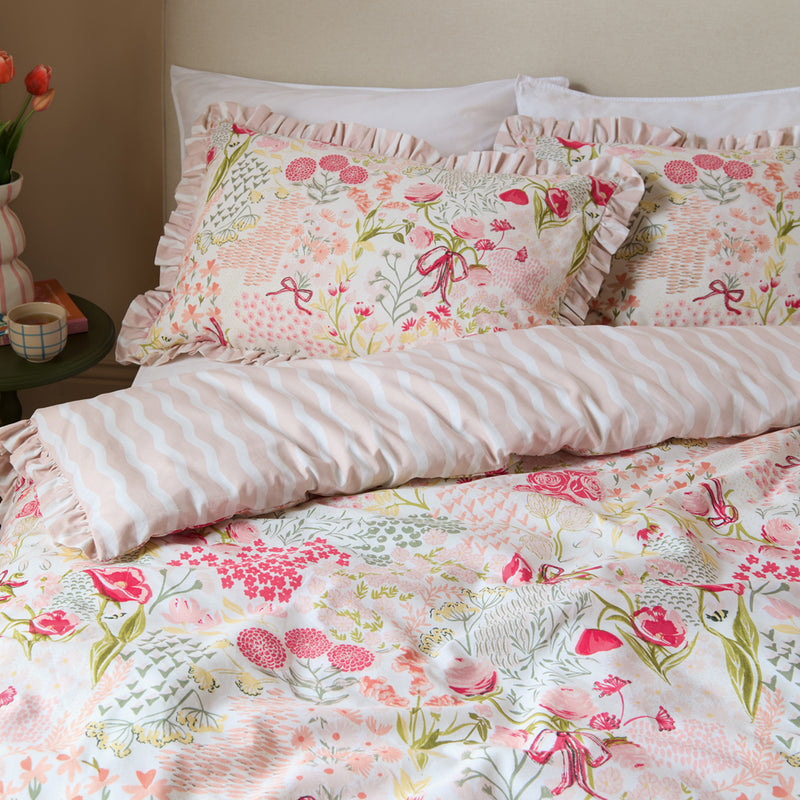 Floral Green Bedding - Gardenia Reversible Ruffle Duvet Cover Set Pink Pebble Furn