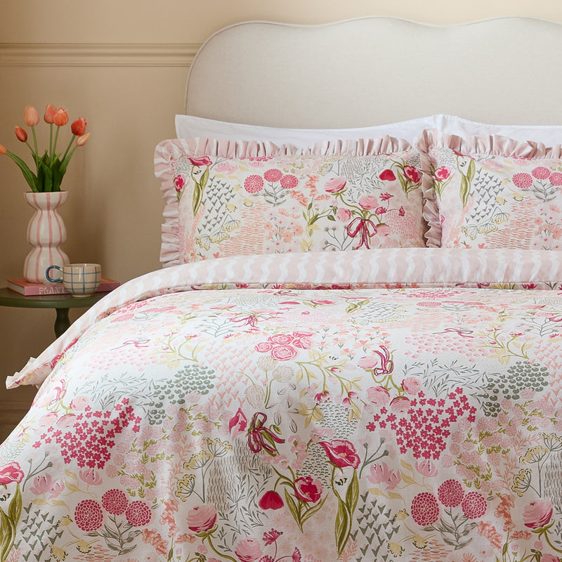 Floral Green Bedding - Gardenia Reversible Ruffle Duvet Cover Set Pink Pebble Furn