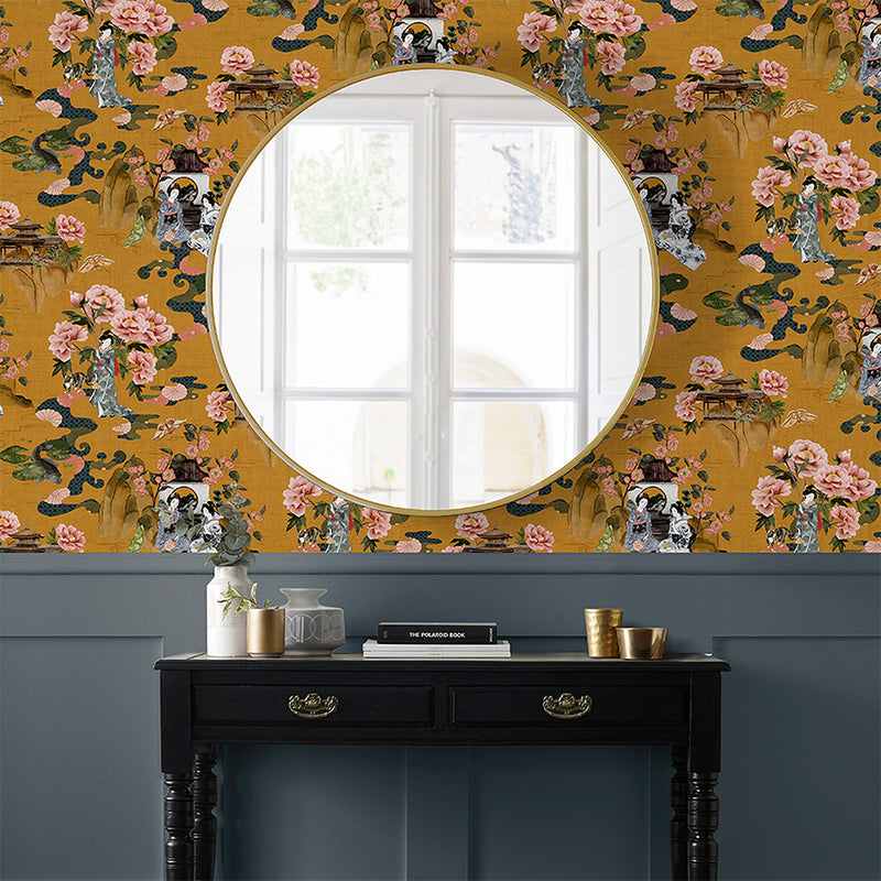 Paoletti Geisha Floral Wallpaper in Ochre