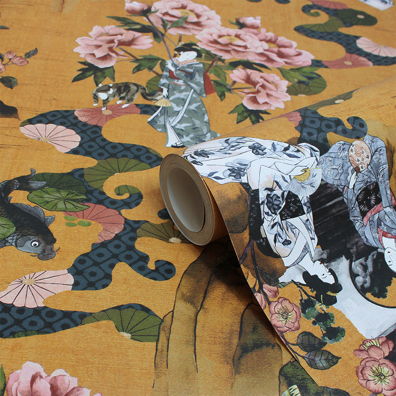 Paoletti Geisha Floral Wallpaper in Ochre