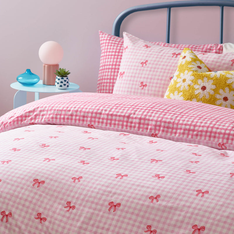 Check Pink Bedding - Gingham Bows Printed Duvet Cover Set Pink Heya Home