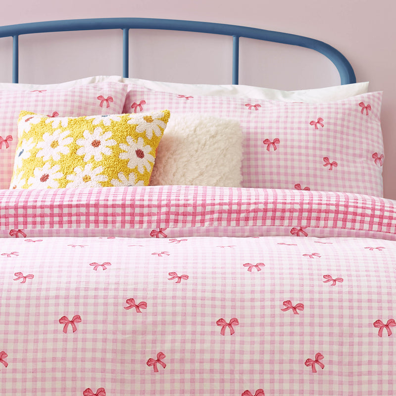 Check Pink Bedding - Gingham Bows Printed Duvet Cover Set Pink Heya Home