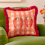 Check Red Cushions - Gingham Chilli Printed Ruffle Cushion Cover Red furn.