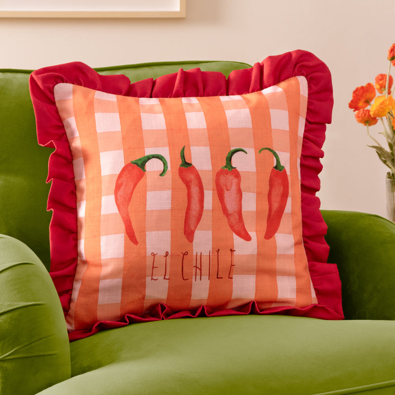 Check Red Cushions - Gingham Chilli Printed Ruffle Cushion Cover Red furn.
