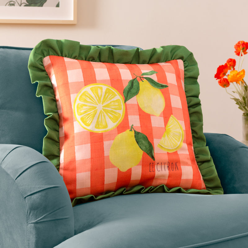 Check Orange Cushions - Gingham Citron Printed Ruffle Cushion Cover Multicolour furn.