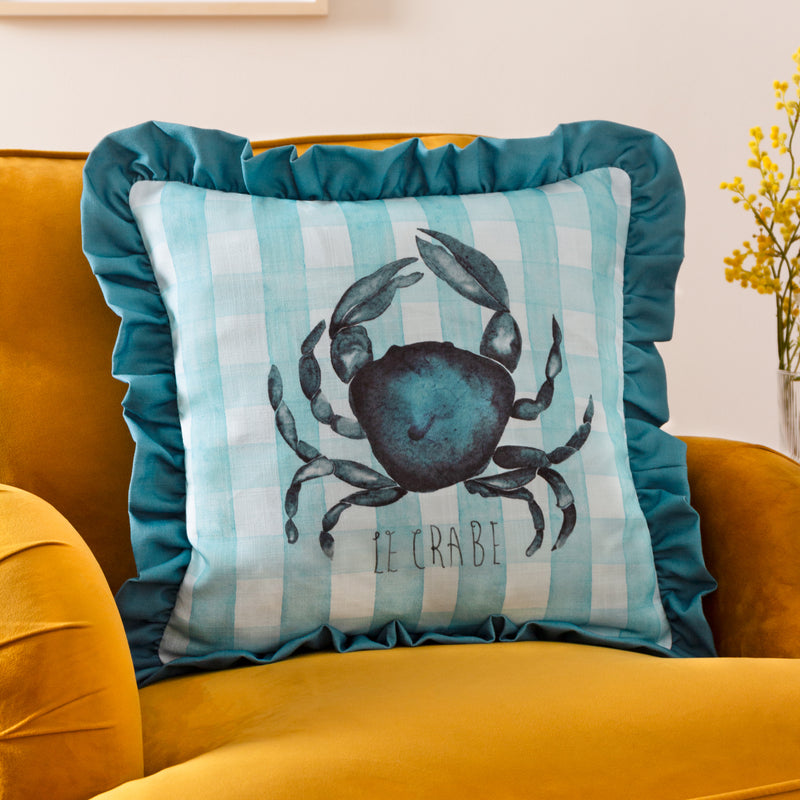 Animal Blue Cushions - Gingham Crab Printed Ruffle Cushion Cover Blue furn.